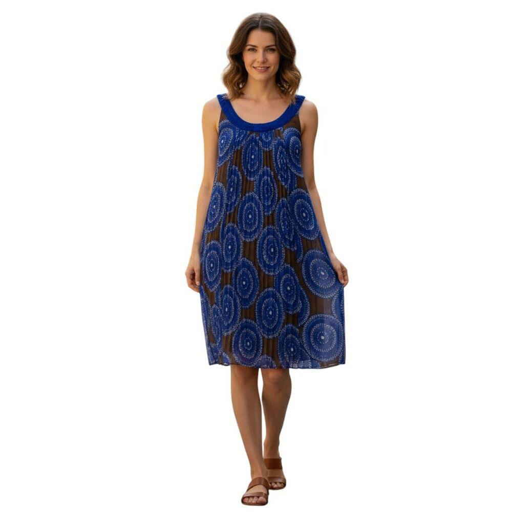 Tory Burch Forisa 100% Silk Geometric Dress 4 Blue Brown Pleated Quiet Luxury